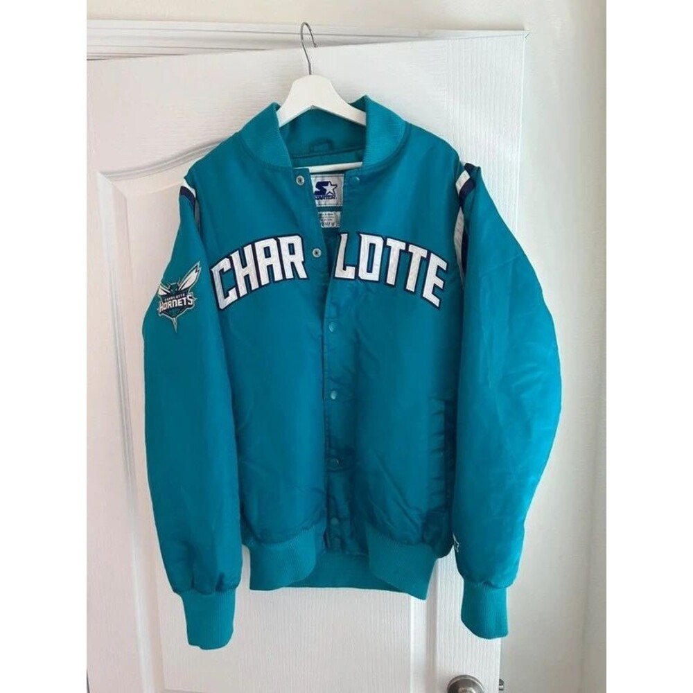 Vintage 90s Charlotte Hornets Starter Satin Bomber Jacket NBA Basket Men Medium